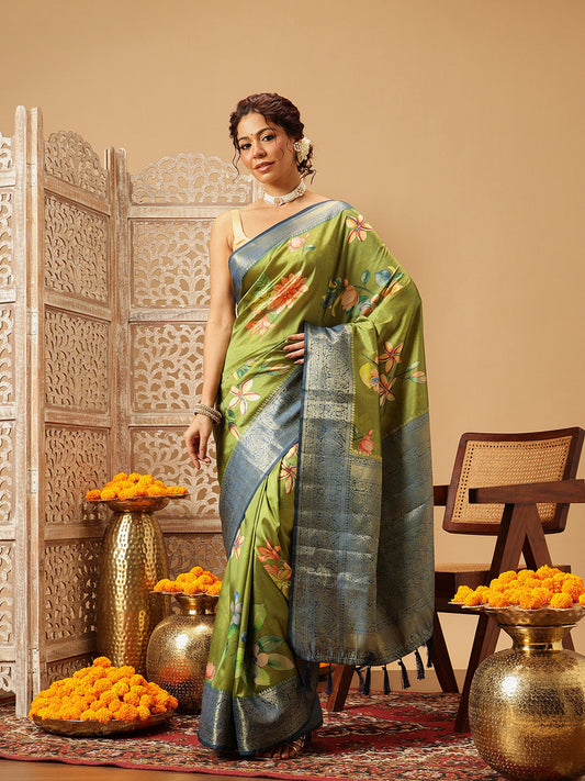 Hiral Fashion Green Banarasi Silk Floral Digital Printed Saree | Swadesiicart