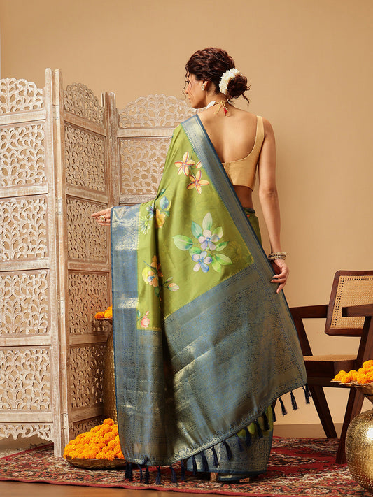 Hiral Fashion Green Banarasi Silk Floral Digital Printed Saree | Swadesiicart
