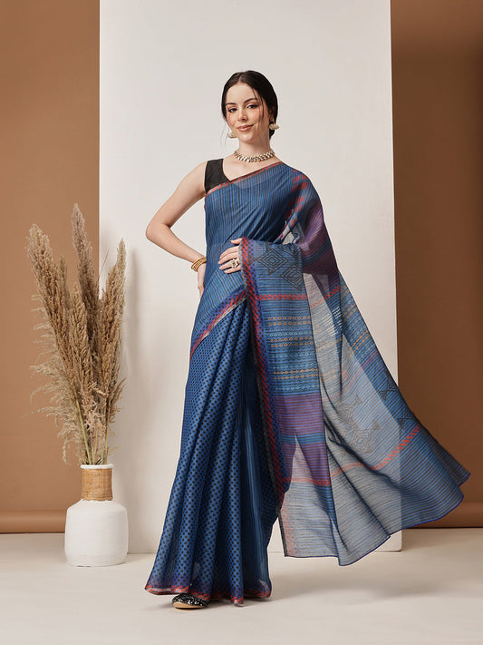 Hiral Fashion Blue Banarasi Cotton Silk Abstract Digital Printed Saree | Swadesiicart