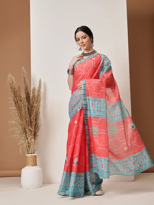 Hiral Fashion Red Banarasi Cotton Silk Fruits Digital Printed Saree | Swadesiicart
