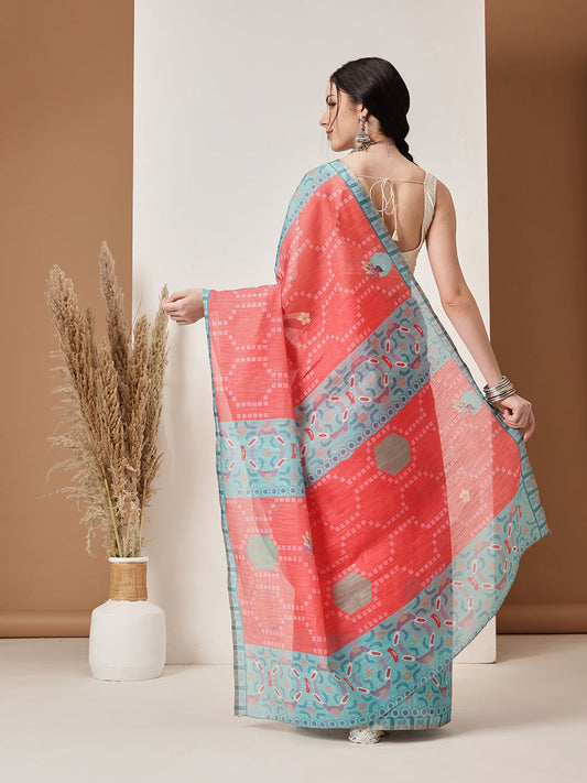 Hiral Fashion Red Banarasi Cotton Silk Fruits Digital Printed Saree | Swadesiicart