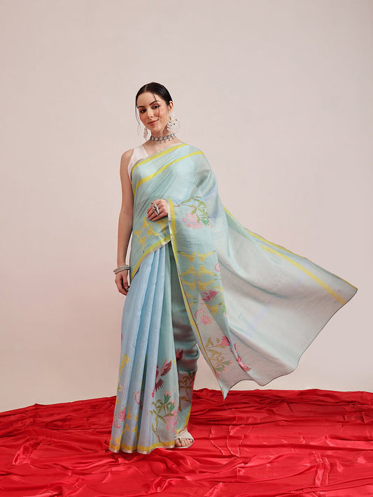 Hiral Fashion Blue Banarasi Cotton Silk Floral Digital Printed Saree | Swadesiicart