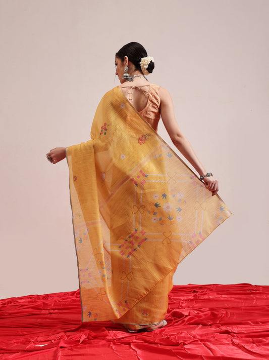 Hiral Fashion Yellow Banarasi Cotton Silk Fruits Digital Printed Saree | Swadesiicart