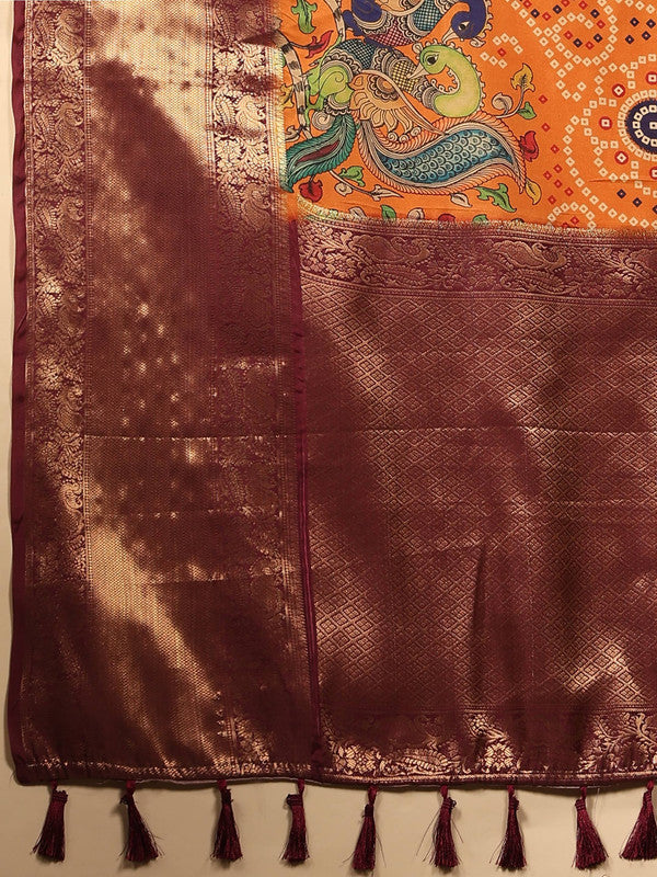 Orange Silk Blend Digital Print Bandhani Saree with Unstitched Blouse - Hiral Fashion | Swadesiicart