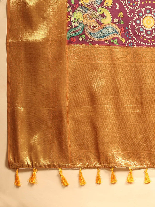 Purple Silk Blend Digital Print Bandhani Saree with Unstitched Blouse - Hiral Fashion | Swadesiicart