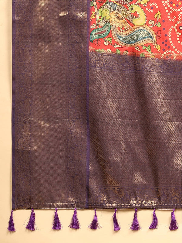 Red Silk Blend Digital Print Bandhani Saree with Unstitched Blouse - Hiral Fashion | Swadesiicart