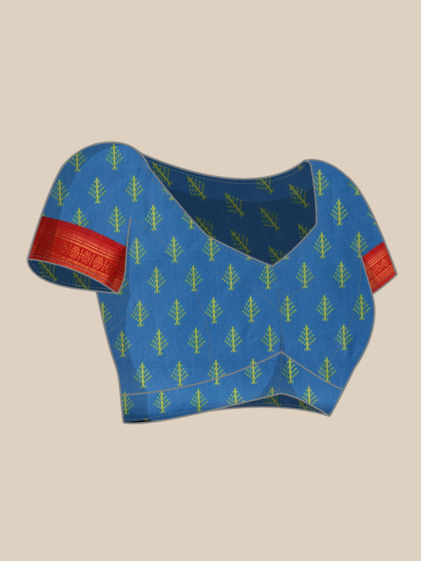 Turquoise Silk Blend Digital Print Ikkat Saree with Unstitched Blouse - Hiral Fashion | Swadesiicart