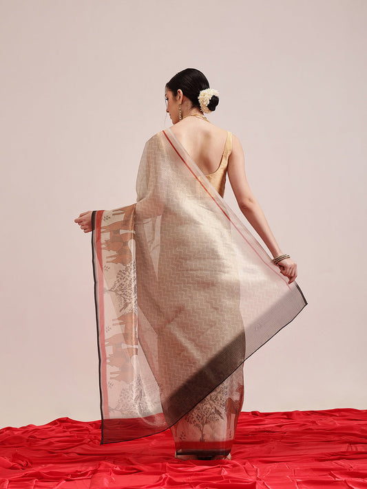 Hiral Fashion Beige Banarasi Cotton Silk Pichwai Digital Printed Saree | Swadesiicart