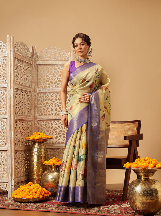 Hiral Fashion Beige Banarasi Tissue Silk Floral Digital Printed Saree | Swadesiicart