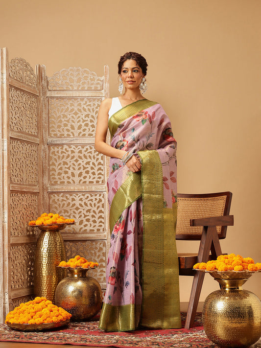 Hiral Fashion Lavender Banarasi Tissue Silk Floral Digital Printed Saree | Swadesiicart