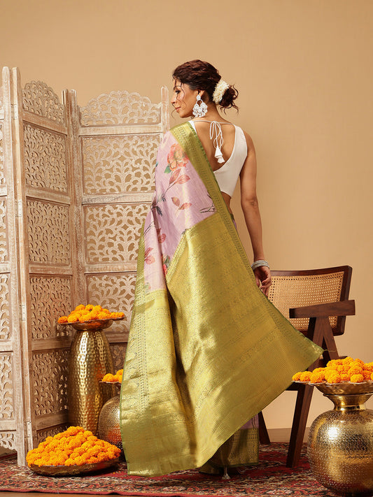 Hiral Fashion Lavender Banarasi Tissue Silk Floral Digital Printed Saree | Swadesiicart