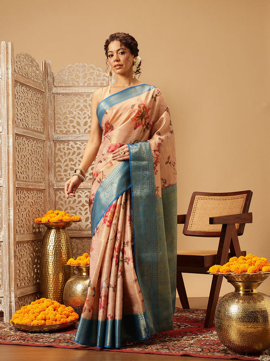 Hiral Fashion Peach Banarasi Tissue Silk Floral Digital Printed Saree | Swadesiicart