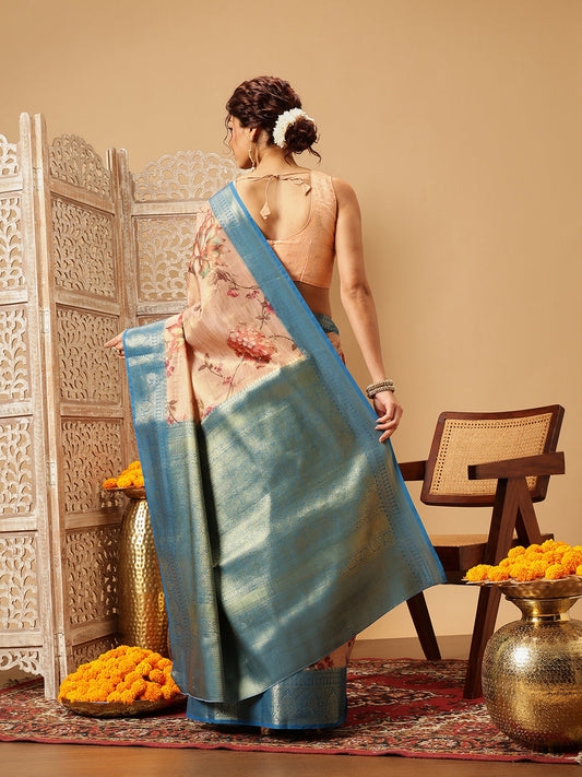 Hiral Fashion Peach Banarasi Tissue Silk Floral Digital Printed Saree | Swadesiicart