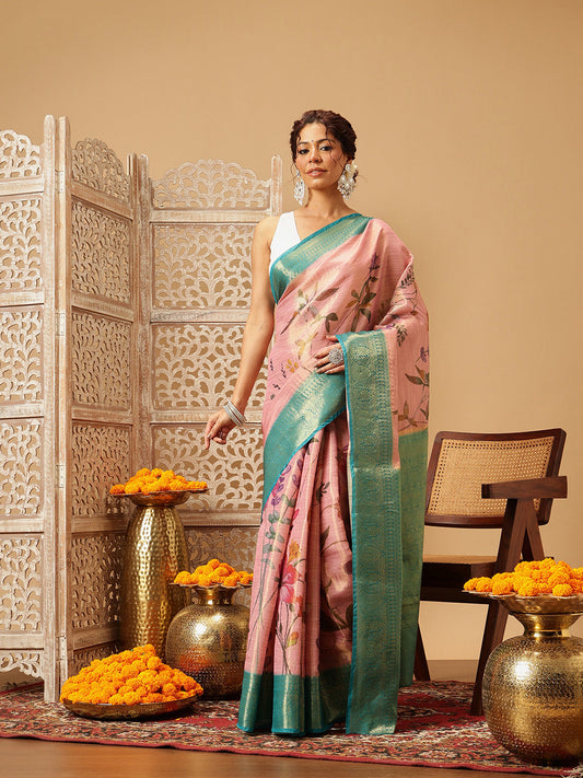 Hiral Fashion Pink Banarasi Tissue Silk Floral Digital Printed Saree | Swadesiicart