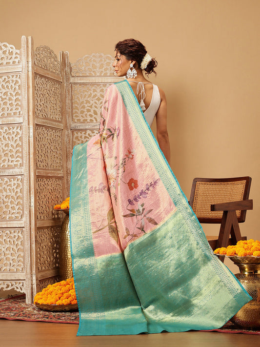 Hiral Fashion Pink Banarasi Tissue Silk Floral Digital Printed Saree | Swadesiicart