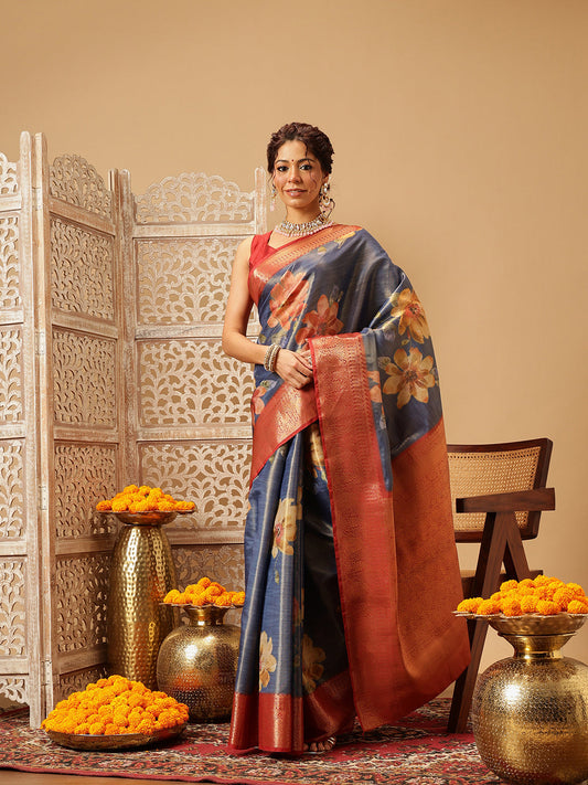 Hiral Fashion Blue Banarasi Tissue Silk Floral Digital Printed Saree | Swadesiicart