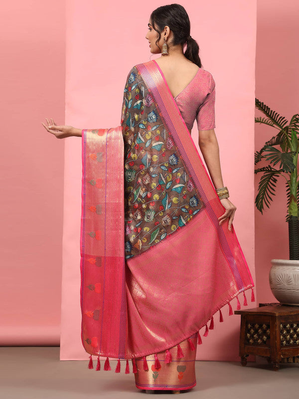 Brown Art Silk Digital Print Floral Saree with Unstitched Blouse - Hiral Fashion | Swadesiicart