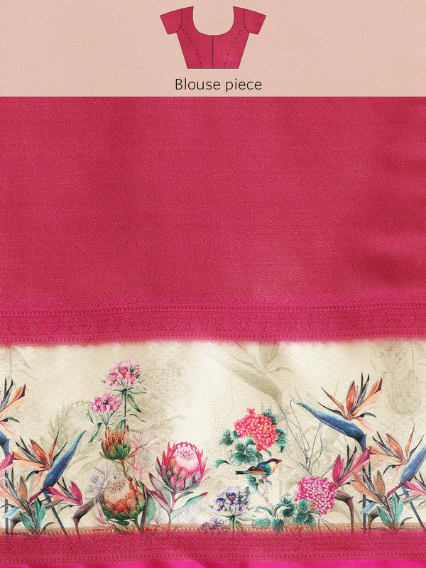 Green Kanjeevaram Silk Digital Print Floral Saree with Unstitched Blouse - Hiral Fashion | Swadesiicart