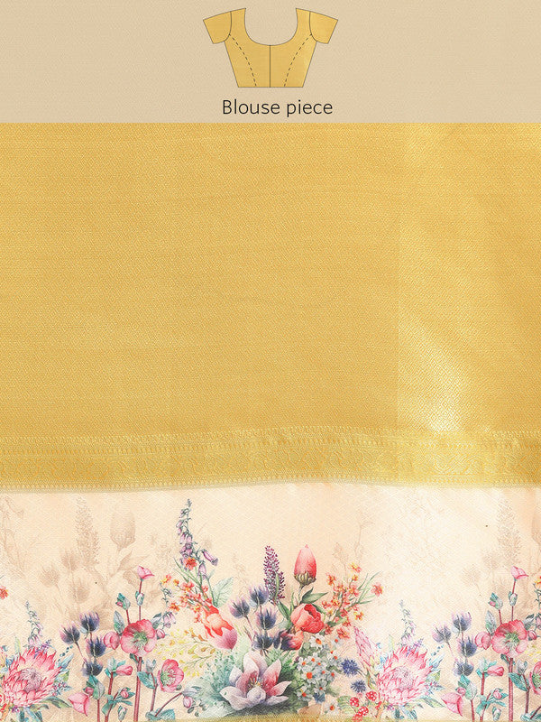 Sky Blue Kanjeevaram Silk Digital Print Floral Saree with Unstitched Blouse - Hiral Fashion | Swadesiicart