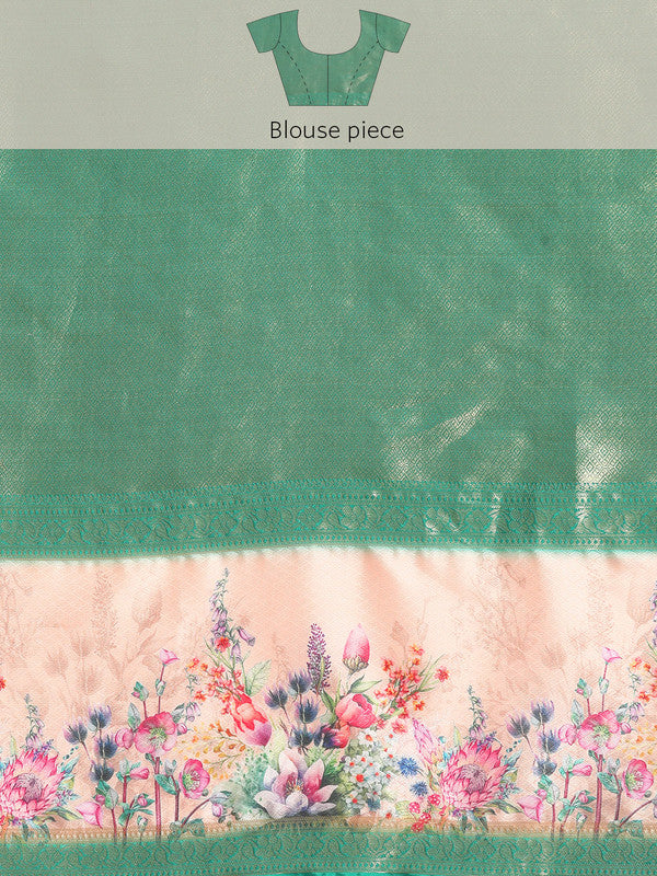 Turquoise Kanjeevaram Silk Digital Print Floral Swadesiicart with Unstitched Blouse - Hiral Fashion