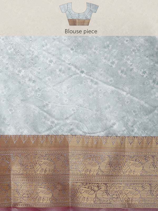 Gray Pure Silk Digital Print Floral Saree with Unstitched Blouse - Hiral Fashion | Swadesiicart