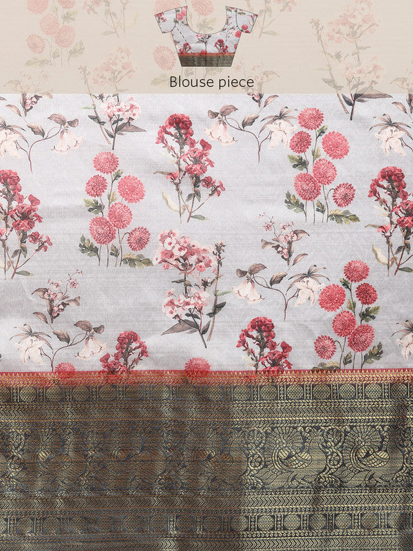 Gray Pure Silk Digital Print Floral Swadesiicart with Unstitched Blouse - Hiral Fashion