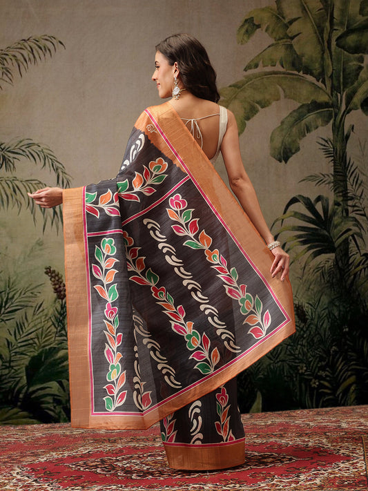 Hiral Fashion Black Banarasi Silk Blend Floral Digital Printed Saree | Swadesiicart