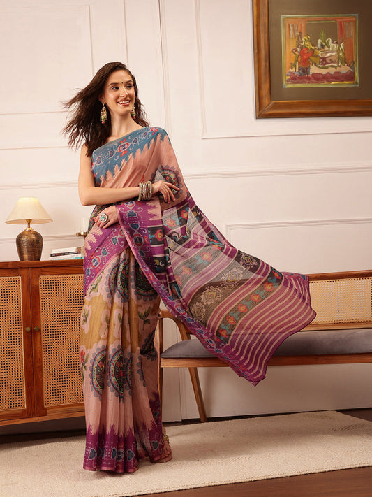 Hiral Fashion Beige Banarasi Silk Cotton Floral Digital Print Saree | Swadesiicart