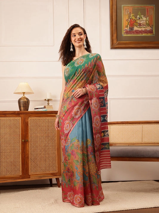 Hiral Fashion Blue Banarasi Silk Cotton Floral Digital Print Saree | Swadesiicart