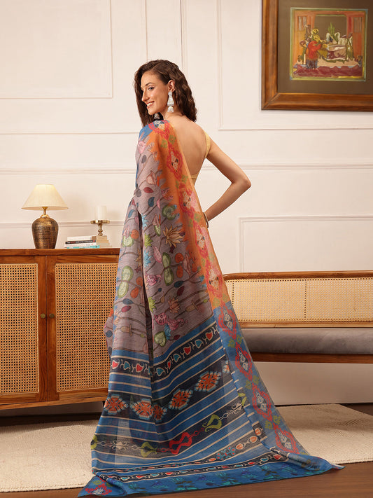 Hiral Fashion Grey Banarasi Silk Cotton Floral Digital Print Saree | Swadesiicart