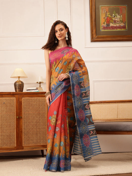 Hiral Fashion Mustard Banarasi Silk Cotton Floral Digital Print Saree | Swadesiicart