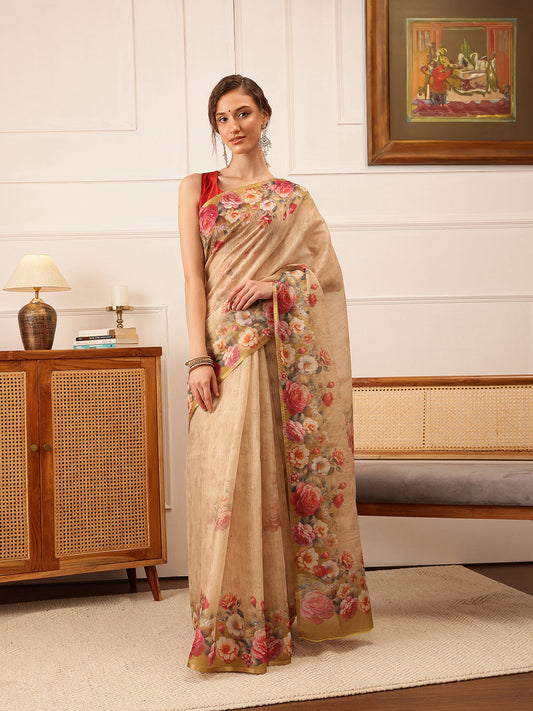 Hiral Fashion Beige Banarasi Silk Cotton Floral Digital Print Saree | Swadesiicart