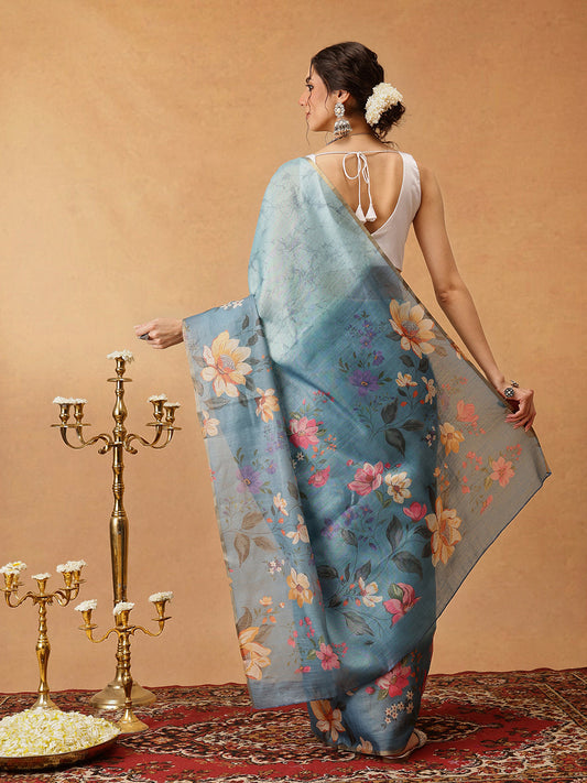 Hiral Fashion Blue Banarasi Cotton Silk Floral Digital Printed Saree | Swadesiicart