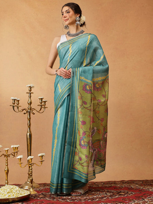 Hiral Fashion Teal Banarasi Cotton Silk Lahariya Digital Printed Saree | Swadesiicart