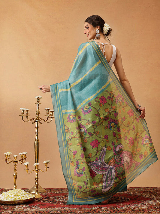Hiral Fashion Teal Banarasi Cotton Silk Lahariya Digital Printed Saree | Swadesiicart