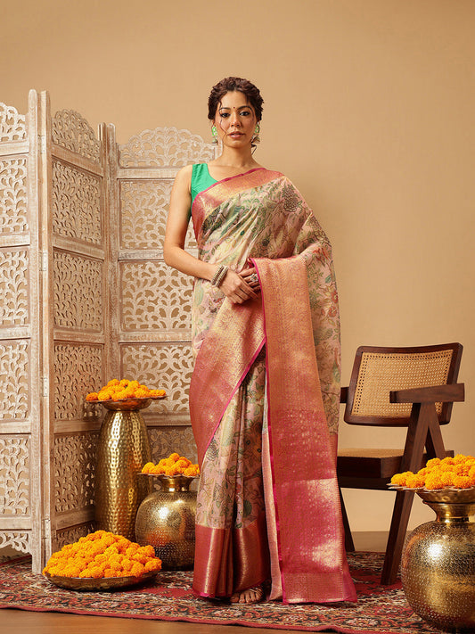 Hiral Fashion Pink Banarasi Muga Silk Pichwai Digital Printed Saree | Swadesiicart