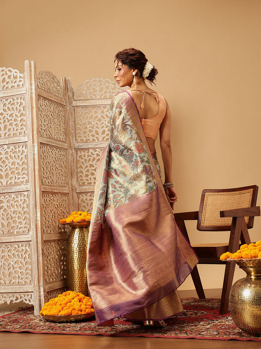 Hiral Fashion Teal Banarasi Muga Silk Pichwai Digital Printed Saree | Swadesiicart
