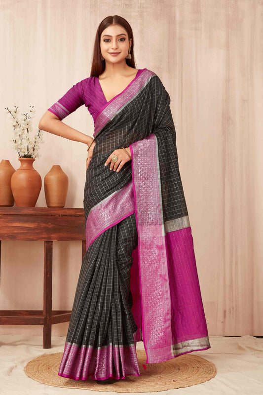 Hiral Fashion Black Banarasi Soft Silk Checks Zari Woven Saree | Swadesiicart