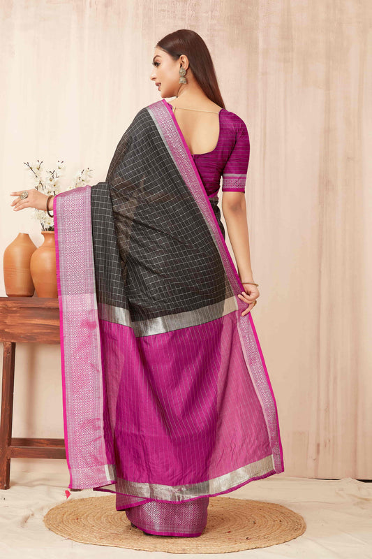 Hiral Fashion Black Banarasi Soft Silk Checks Zari Woven Saree | Swadesiicart