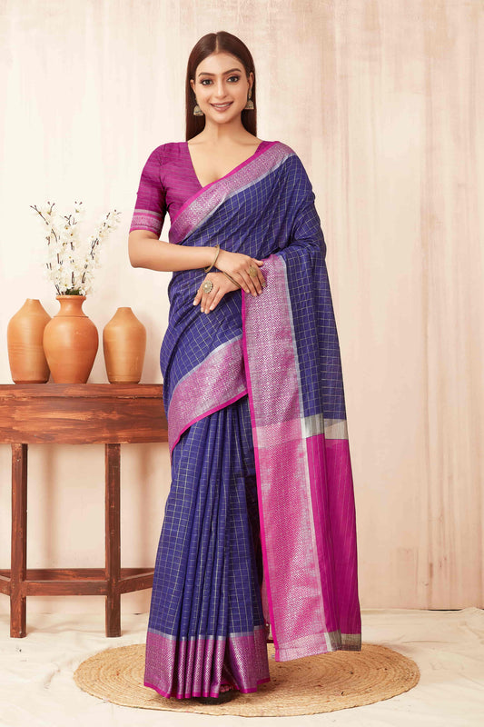 Hiral Fashion Blue Banarasi Soft Silk Checks Zari Woven Saree | Swadesiicart