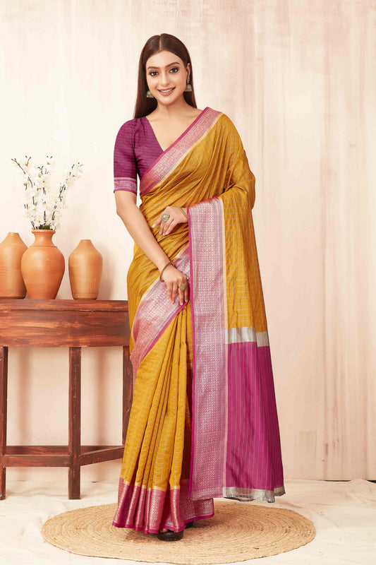 Hiral Fashion Mustard Banarasi Soft Silk Checks Zari Woven Saree | Swadesiicart