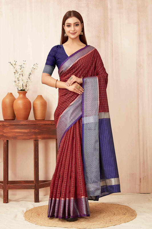 Hiral Fashion Red Banarasi Soft Silk Checks Zari Woven Saree | Swadesiicart