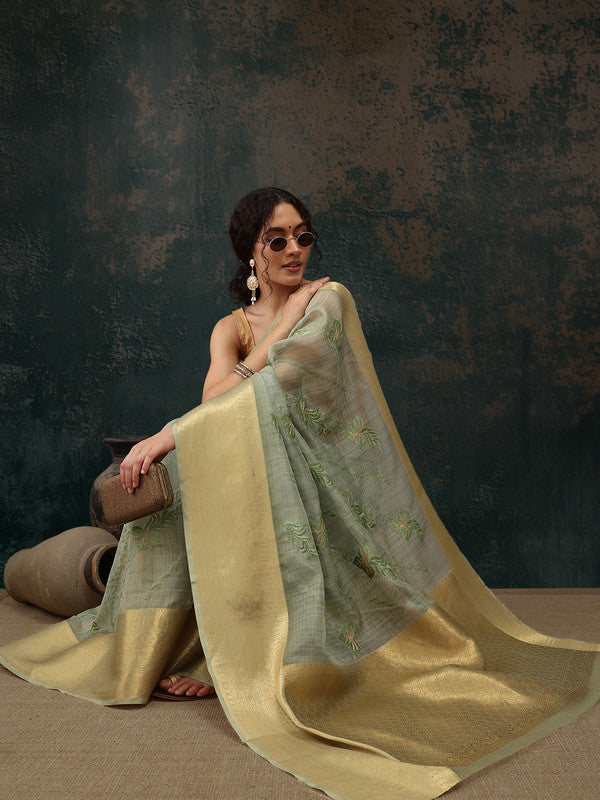 Green Kota Doria Embroidered Floral Saree with Unstitched Blouse - Hiral Fashion | Swadesiicart