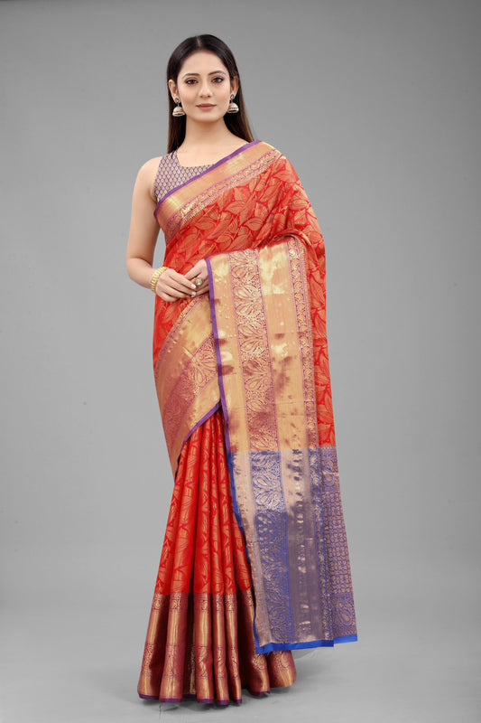Hiral Fashion Red Banarasi Art Silk Floral Woven Design Saree | Swadesiicart