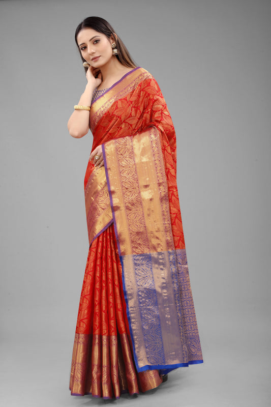 Hiral Fashion Red Banarasi Art Silk Floral Woven Design Saree | Swadesiicart