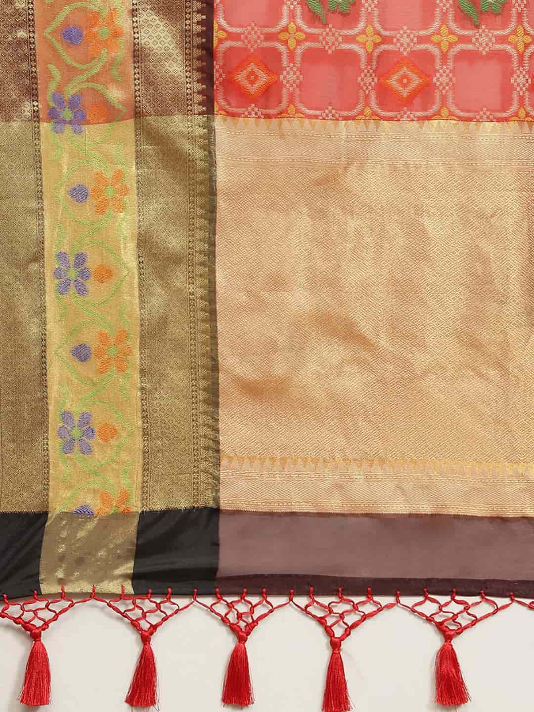 Hiral Fashion Red Ikat Art Silk Floral Woven Design Saree | Swadesiicart