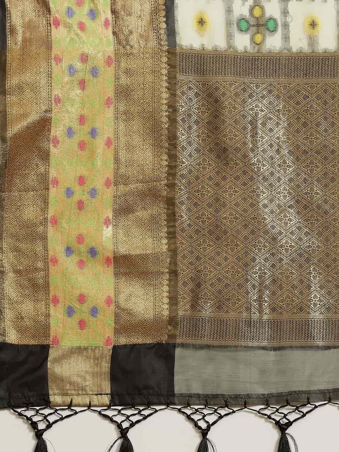 Hiral Fashion Beige Ikat Art Silk Geomatric Woven Design Saree | Swadesiicart