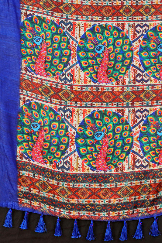 Blue Cotton Blend Printed Geomatric Saree with Unstitched Blouse - Hiral Fashion | Swadesiicart