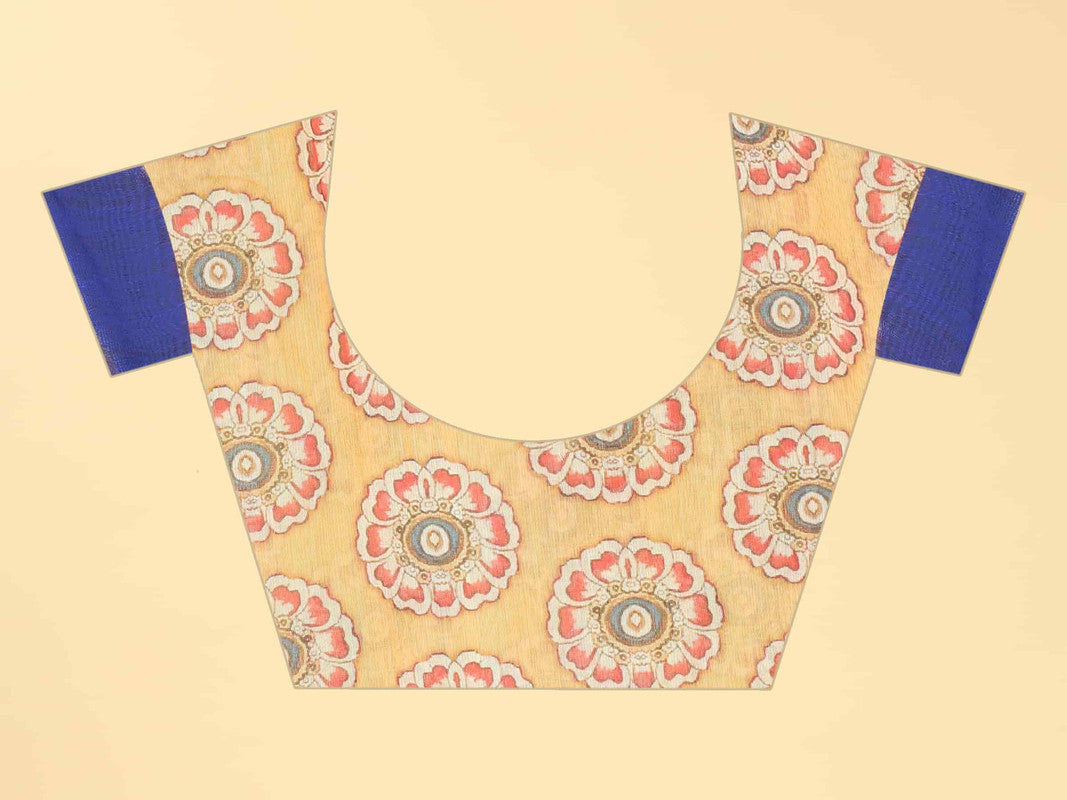 Blue Cotton Blend Printed Abstract Saree with Unstitched Blouse - Hiral Fashion | Swadesiicart