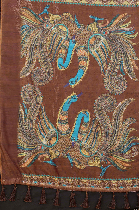 Blue Cotton Blend Printed Kalamkari Saree with Unstitched Blouse - Hiral Fashion | Swadesiicart